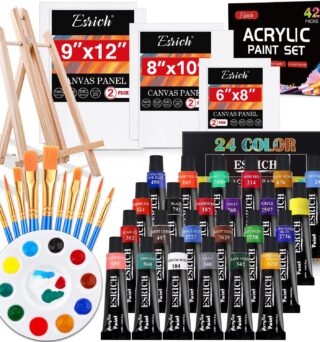 ESRICH Acrylic Paint Canvas Set, 42 Piece Professional Premium Paint Kit with 1 Wood Easel, 24Colors, 10 Brushes, 6 Canvases, Painting Supplies Kit Artists and Beginner