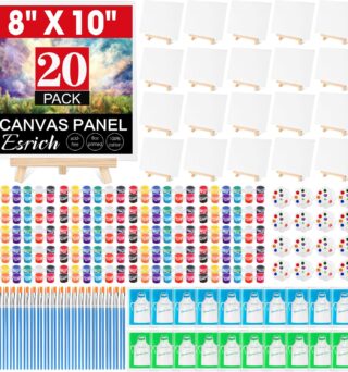 ESRICH 20 Pack 8x10 Canvas and Easel Set, Mini Acrylic Paint, Paint Brushes, Palettes, Aprons, Sip and Paint Kits for Adults Couples Friends Date Night Painting Party Supplies