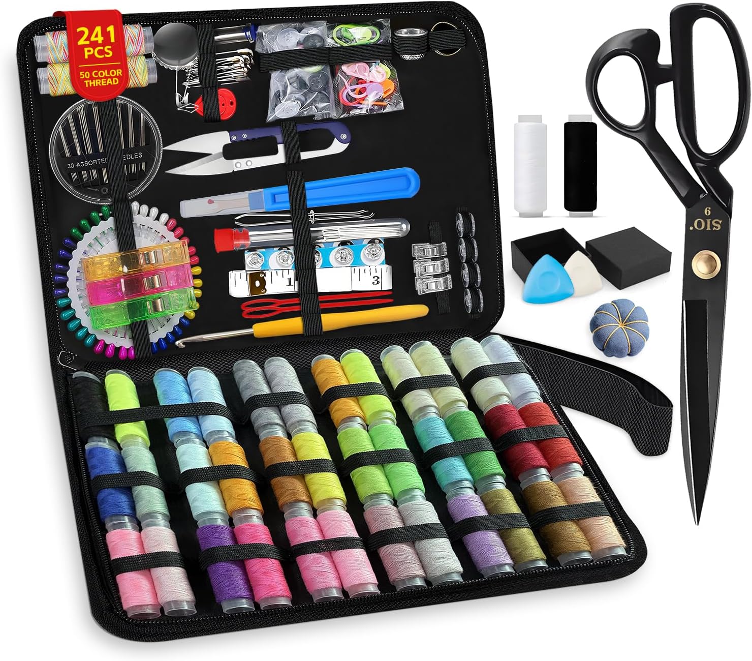 IOGOG Sewing Kit for Adults, 241 Pcs Complete Needle and Thread Kit with Heavy-Duty Fabric Scissors, 40XL Color Threads, Tailor Pens & Sewing Needles for Home Mending, Travel, Beginners
